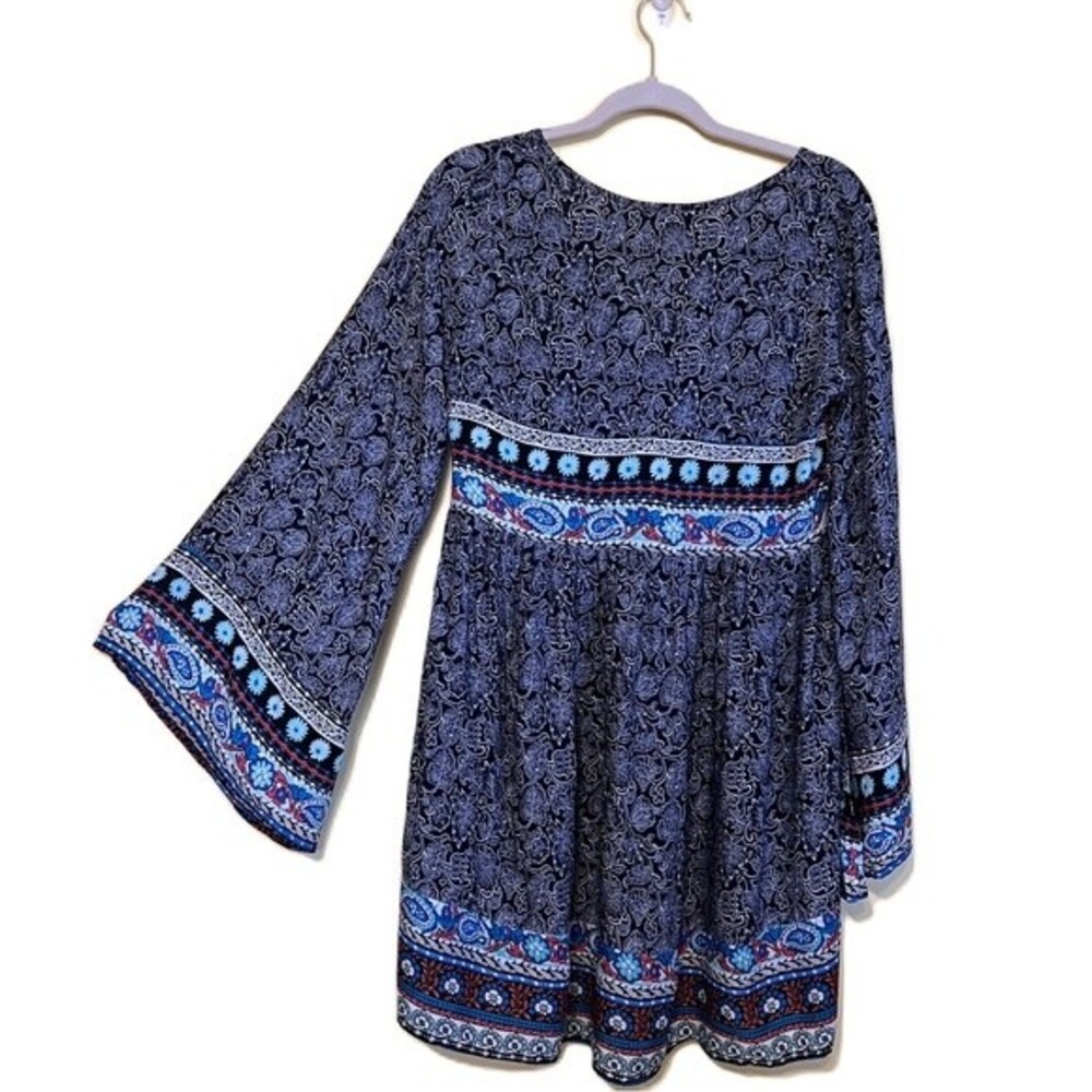 Umgee Boho Festival V-Neck Dress with Long Bell Sleeves Size S